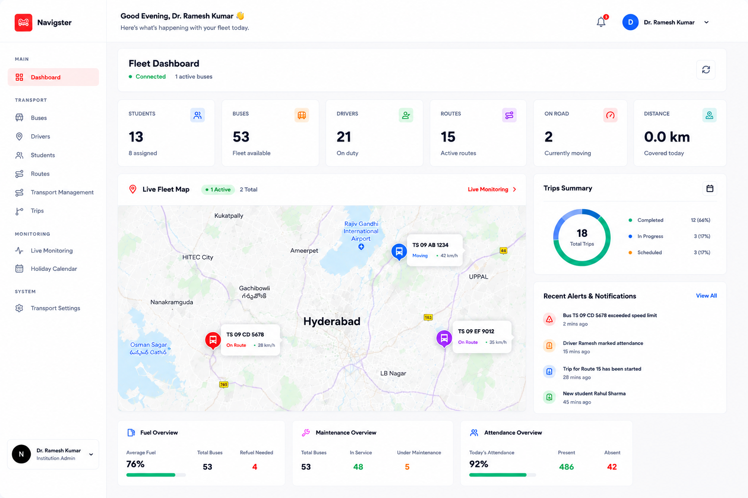 FleetHub dashboard showing fleet stats and live map