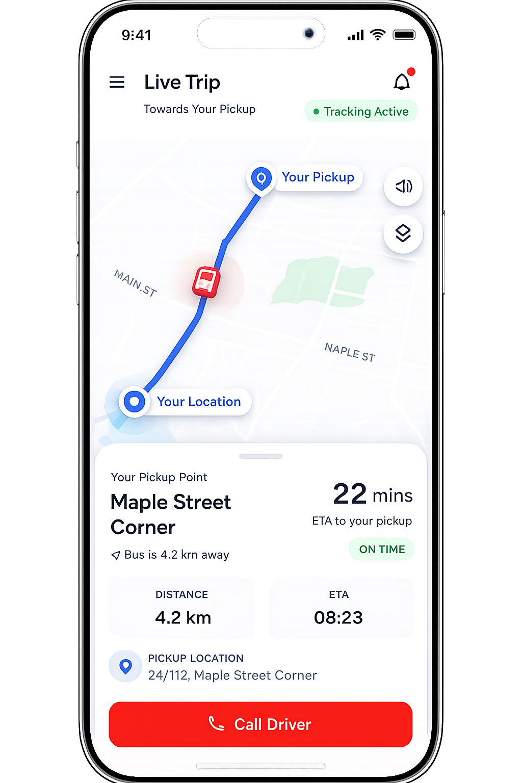 OnRoute driver app showing next pickup and student boarding