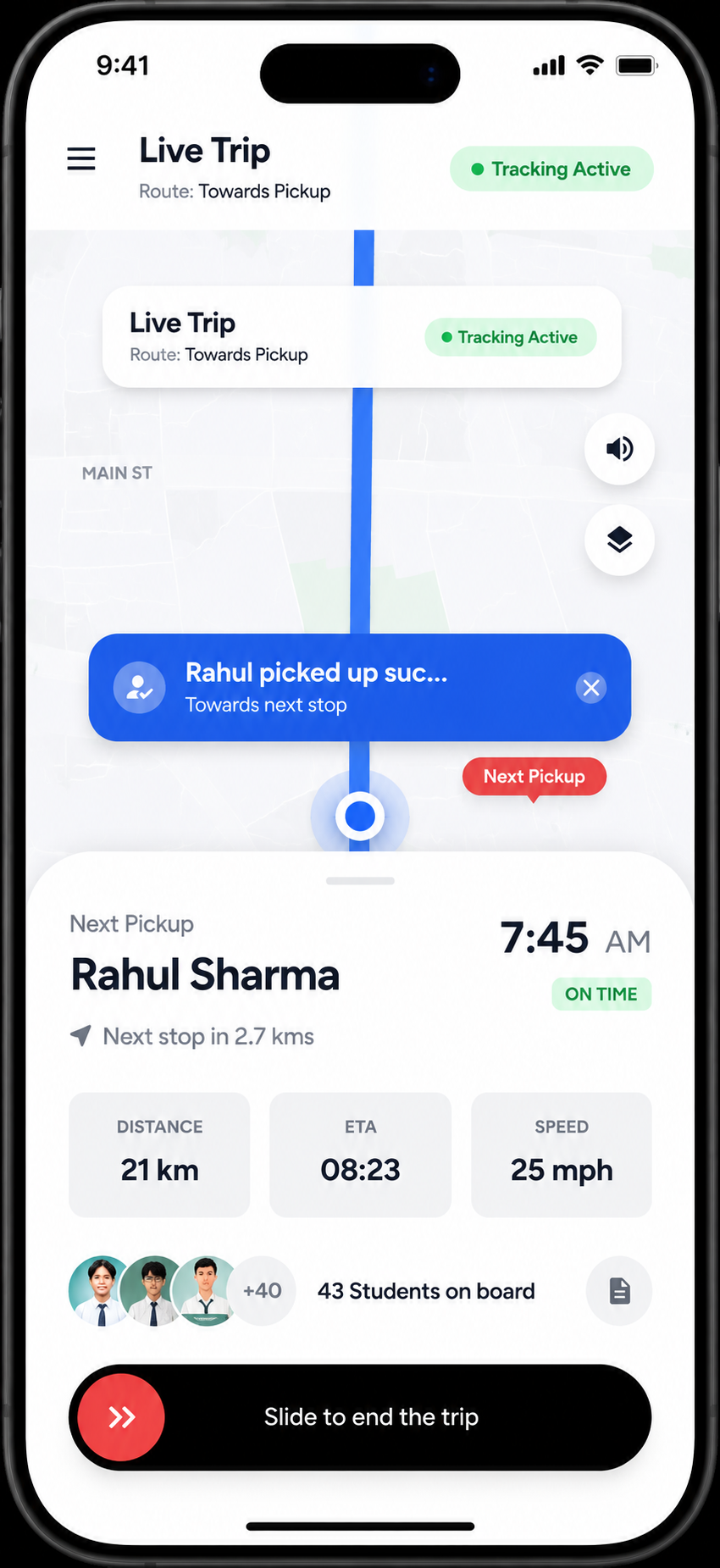 TrackMate parent app showing live trip tracking and pickup ETA